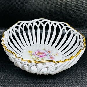 Vintage Porcelain Lace Floral Basket Bowl By Alba Lulia Romania Candy Dish 4”x2”